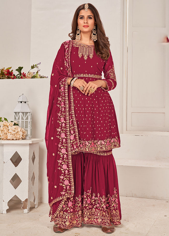 3 Pc Dark Pink Semi Stitched Georgette Sharara Suit Set VDSOT16062062 - Indian Silk House Agencies