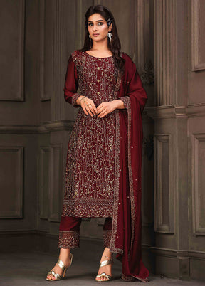 3 Pc Maroon Semi Stitched Georgette Suit Set VDSOT26062031 - Indian Silk House Agencies