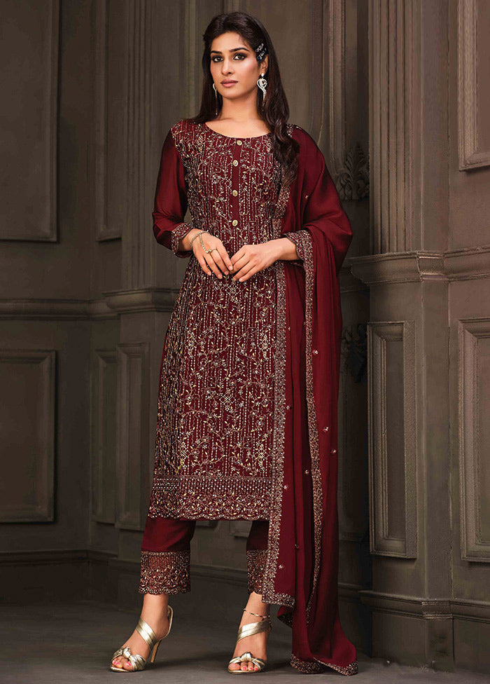 3 Pc Maroon Semi Stitched Georgette Suit Set VDSOT26062031 - Indian Silk House Agencies