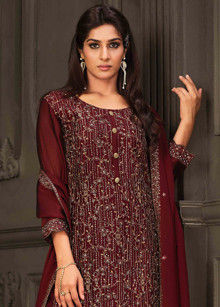 3 Pc Maroon Semi Stitched Georgette Suit Set VDSOT26062031 - Indian Silk House Agencies