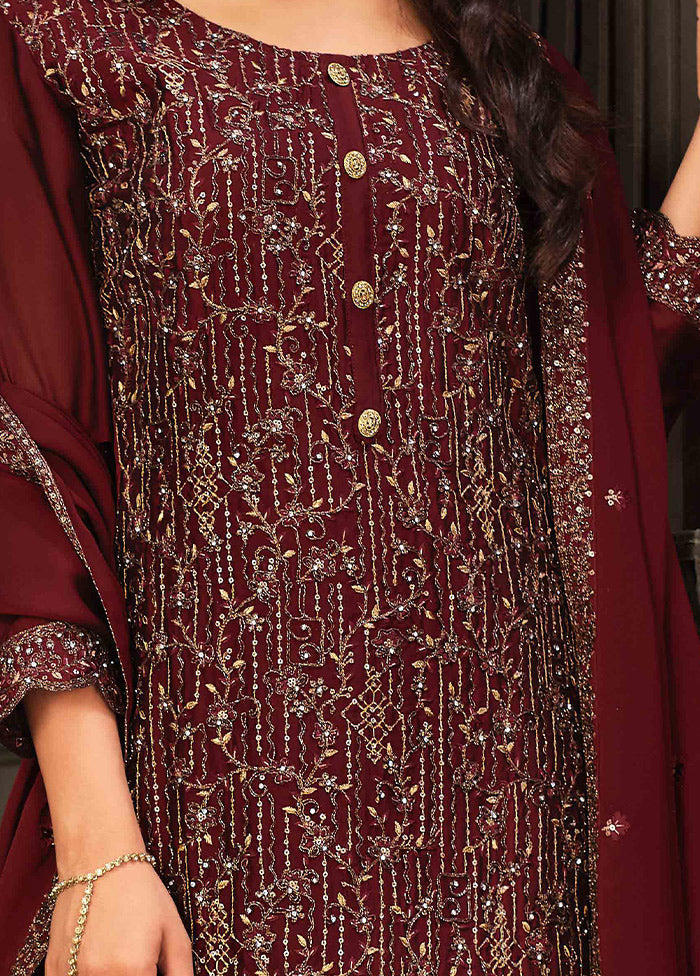 3 Pc Maroon Semi Stitched Georgette Suit Set VDSOT26062031 - Indian Silk House Agencies