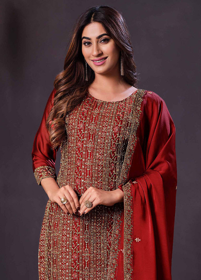 3 Pc Red Semi Stitched Georgette Suit Set VDSOT26062023 - Indian Silk House Agencies