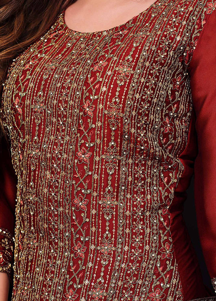 3 Pc Red Semi Stitched Georgette Suit Set VDSOT26062023 - Indian Silk House Agencies