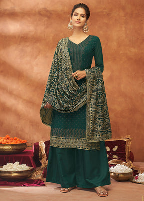 3 Pc Bottle Green Unstitched Pure Georgette Suit Set VDSOT14082023 - Indian Silk House Agencies