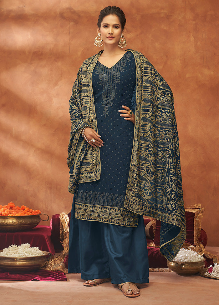 3 Pc Blue Unstitched Pure Georgette Suit Set VDSOT14082025 - Indian Silk House Agencies
