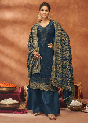 3 Pc Blue Unstitched Pure Georgette Suit Set VDSOT14082025 - Indian Silk House Agencies