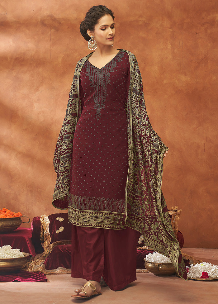 3 Pc Maroon Unstitched Pure Georgette Suit Set VDSOT14082026 - Indian Silk House Agencies