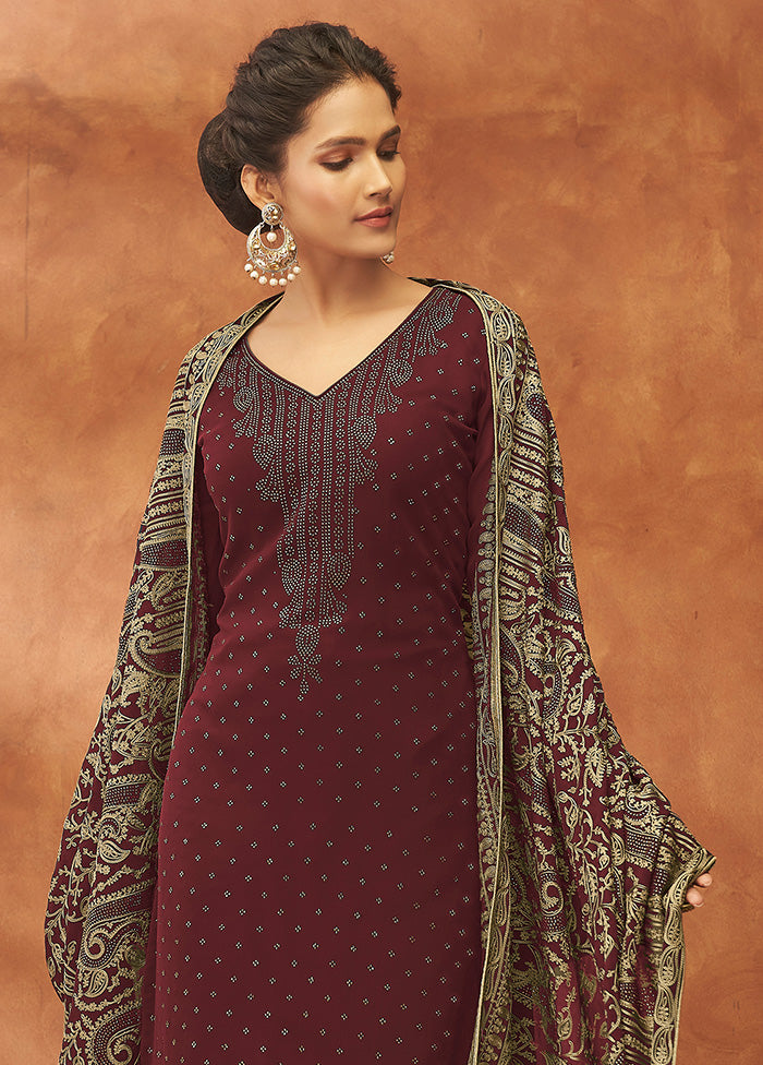 3 Pc Maroon Unstitched Pure Georgette Suit Set VDSOT14082026 - Indian Silk House Agencies