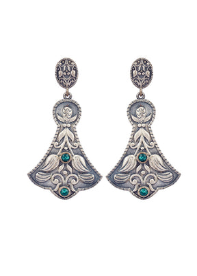 Green Handcrafted Silver Tone Brass Tribal Earrings - Indian Silk House Agencies