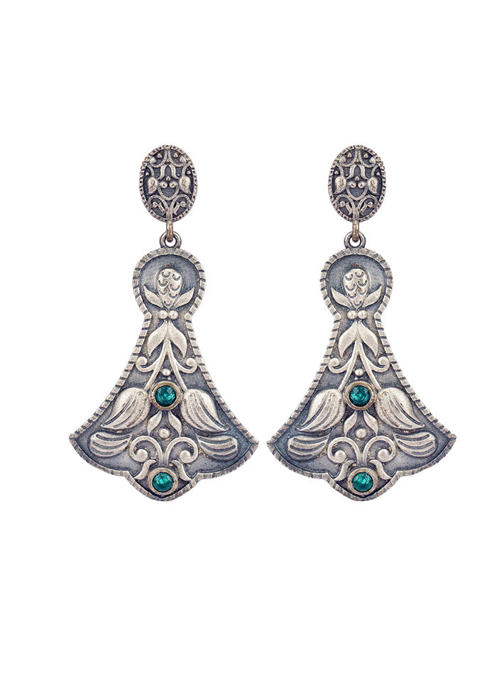 Green Handcrafted Silver Tone Brass Tribal Earrings - Indian Silk House Agencies