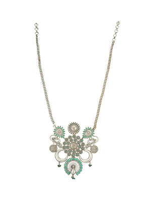 Green Handcrafted Silver Tone Brass Tribal Necklace - Indian Silk House Agencies