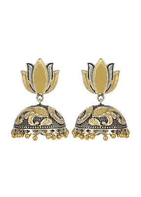 Lotuc Pattern Dual Tone Brass Jhumka - Indian Silk House Agencies