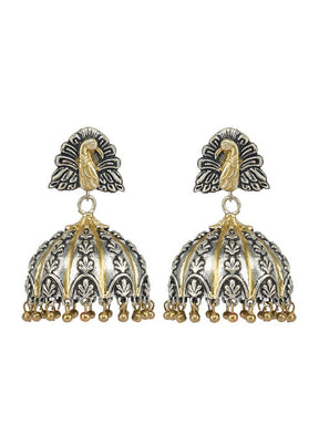 Peacock Pattern Dual Tone Brass Jhumka - Indian Silk House Agencies