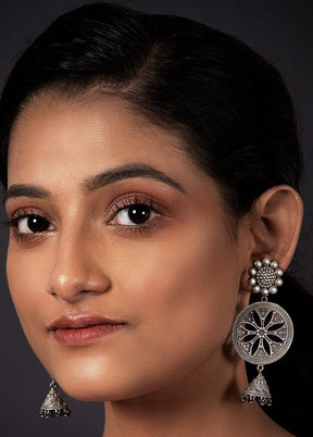 Round Shape With Leaf Pattern Silver Tone Brass Jhumka - Indian Silk House Agencies