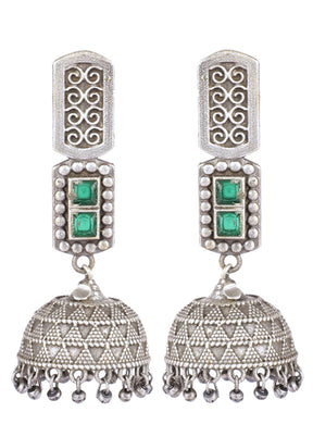 Green Handcrafted Silver Tone Brass Jhumki - Indian Silk House Agencies
