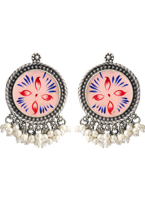 Pink Handcrafted Silver Tone Hand Painted Brass Earring - Indian Silk House Agencies