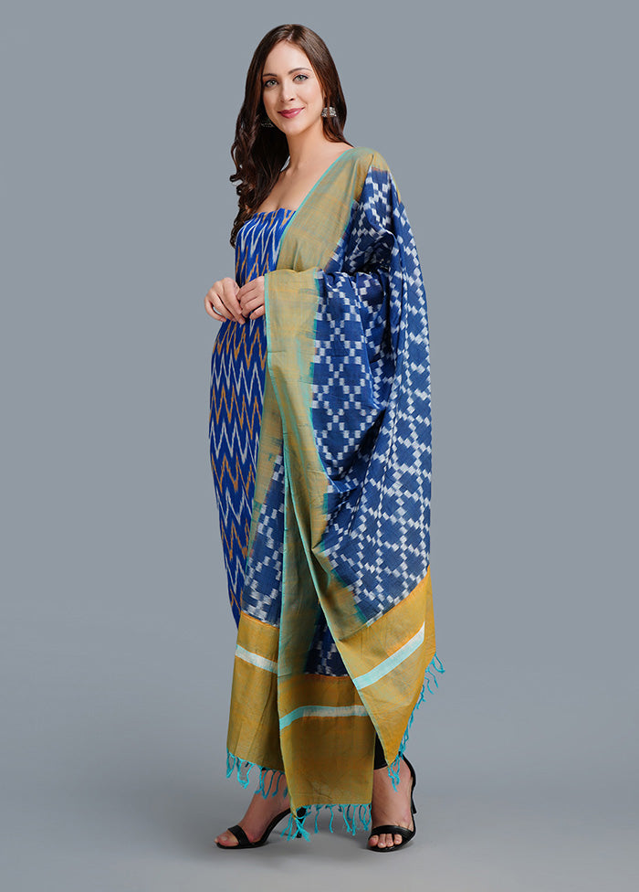 3 Pc Unstitched Blue Cotton Salwar Suit Set With Dupatta VDJB1011226 - Indian Silk House Agencies