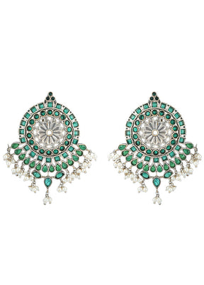 Green Silver Tone Handcrafted Stud Earrings - Indian Silk House Agencies