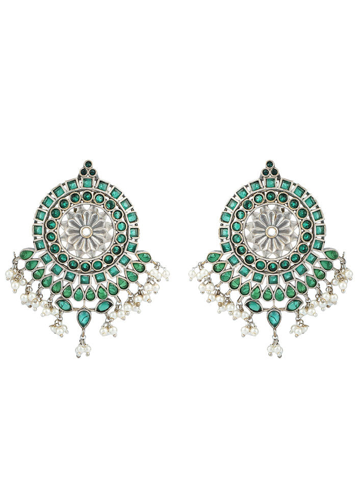 Green Silver Tone Handcrafted Stud Earrings - Indian Silk House Agencies
