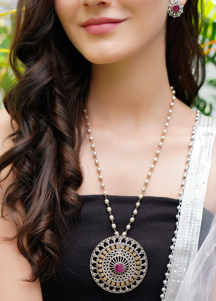 Set Of 2 Handcrafted Silver Tone Brass Necklace Set - Indian Silk House Agencies