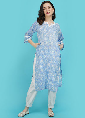 Sky Blue Cotton Printed Kurti VDJB311239 - Indian Silk House Agencies