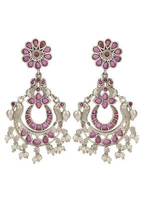 Red Silver Tone Brass Stud Earrings - Indian Silk House Agencies