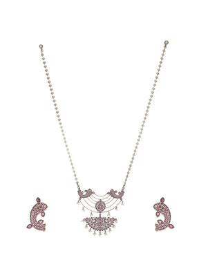 Red Silver Tone Handcrafted Brass Necklace With Earrings Set Of 2 - Indian Silk House Agencies