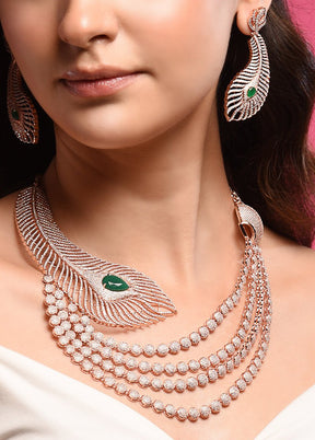 Rose Gold Korean Cz Semi Precious Green Stones Rose Gold Plating Necklace With Earrings Set - Indian Silk House Agencies