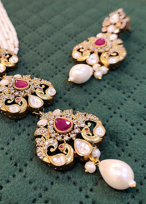 Triple Uncut Polki Pendents Swirled With Small Pearls Antique Gold Plated Necklace Set - Indian Silk House Agencies