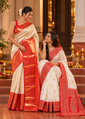 Sandhya Aarti Duo – Red Kanjivaram & White Dupion Silk Sarees