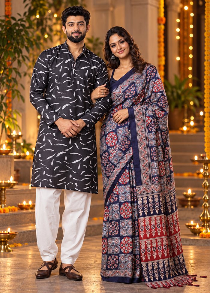 Shubh Labh Jodi – Blue Printed Silk Saree & Black Silk Kurta Set