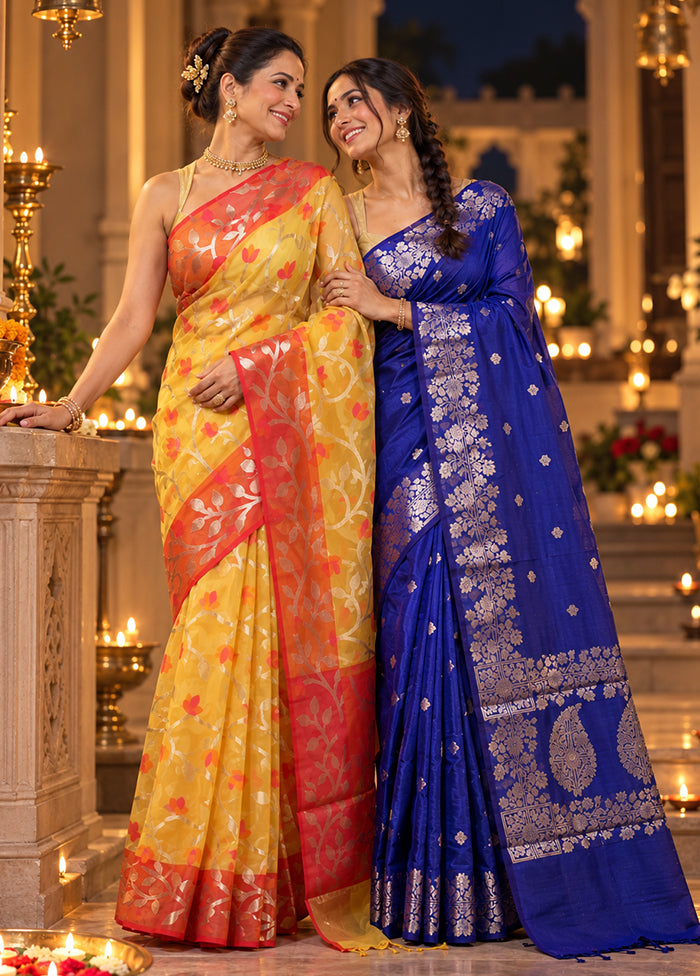 Sneh Bandhan Duo – Red Organza & Blue Cotton Sarees