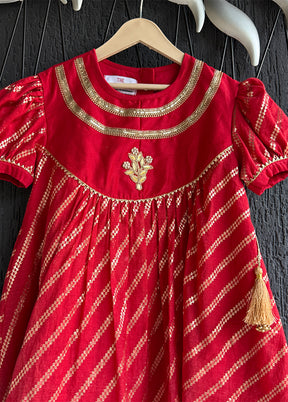 Red Embroidery Work Cotton Dress