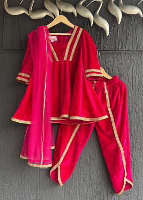 3 Pc Red Cotton Dhoti set with dupatta
