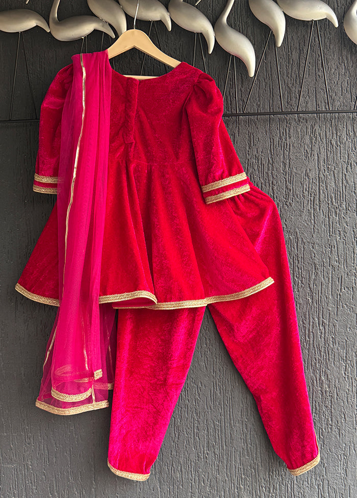 3 Pc Red Cotton Dhoti set with dupatta