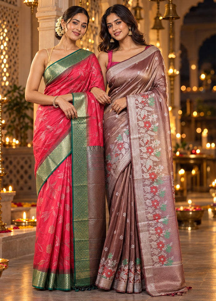 Twilight Twin Duo – Pink Dupion Silk & Grey Tissue Silk Sarees