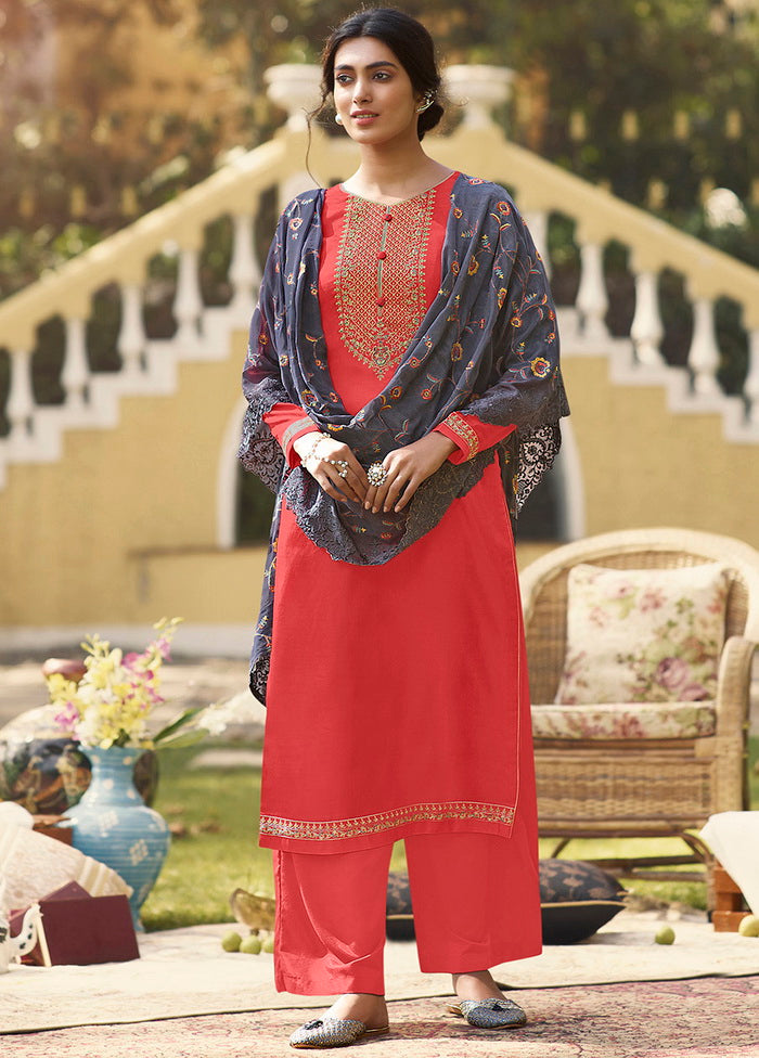 3 Pc Tussar Silk Coral Unstitched Salwar Suit VDSL1663 - Indian Silk House Agencies