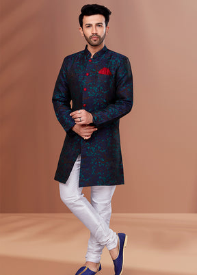 2 Pc Navy Blue Dupion Silk Kurta Pajama Set - Indian Silk House Agencies