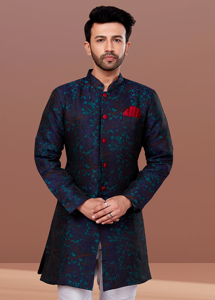 2 Pc Navy Blue Dupion Silk Kurta Pajama Set - Indian Silk House Agencies