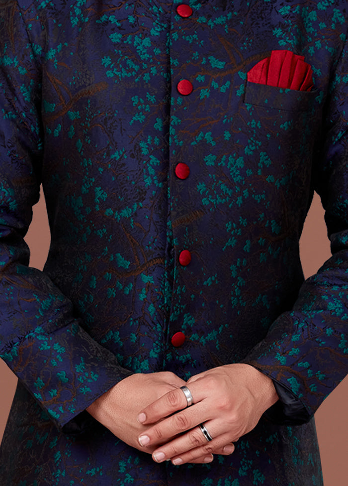 2 Pc Navy Blue Dupion Silk Kurta Pajama Set - Indian Silk House Agencies