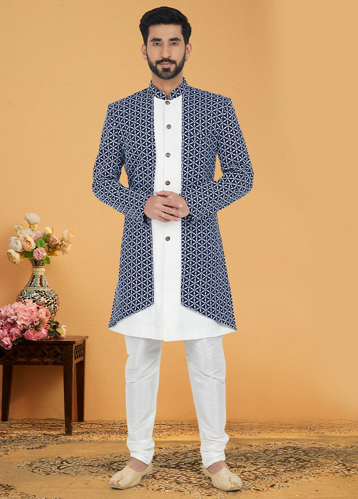 2 Pc Blue Cotton Kurta And Pajama Set - Indian Silk House Agencies