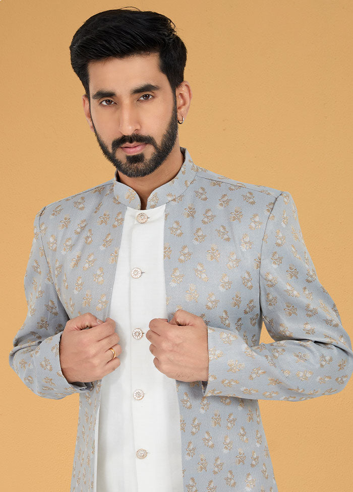 2 Pc Grey Dupion Silk Kurta And Pajama Set - Indian Silk House Agencies