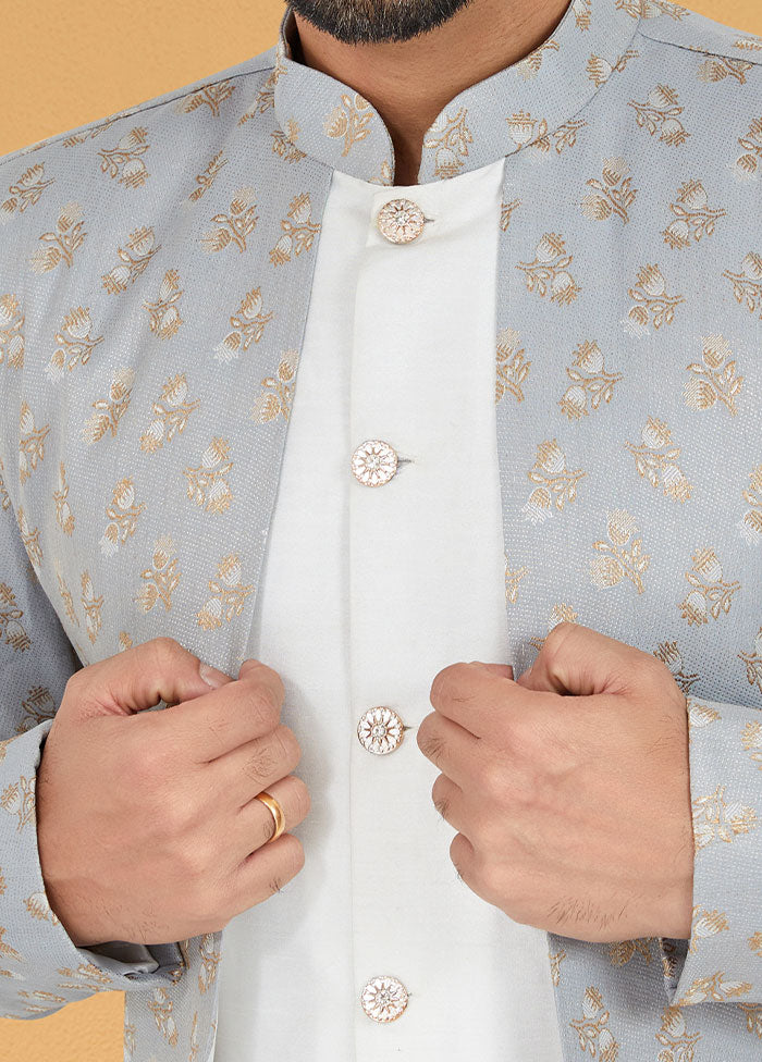 2 Pc Grey Dupion Silk Kurta And Pajama Set - Indian Silk House Agencies