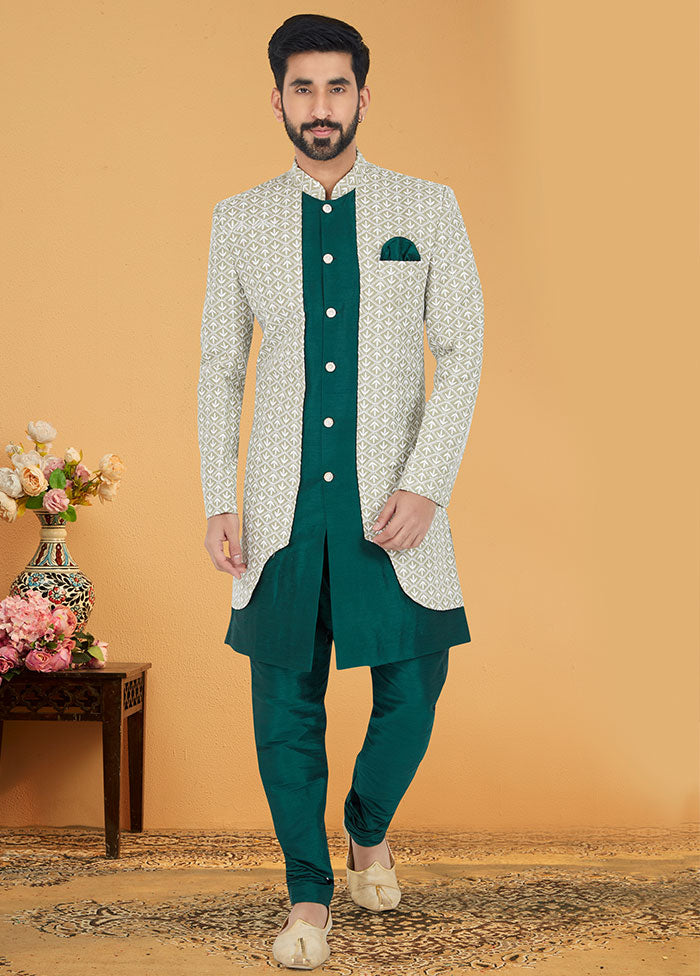 2 Pc Sea Green Dupion Silk Kurta And Pajama Set - Indian Silk House Agencies