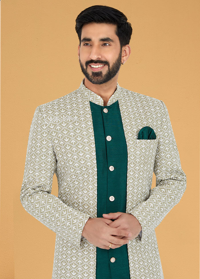2 Pc Sea Green Dupion Silk Kurta And Pajama Set - Indian Silk House Agencies