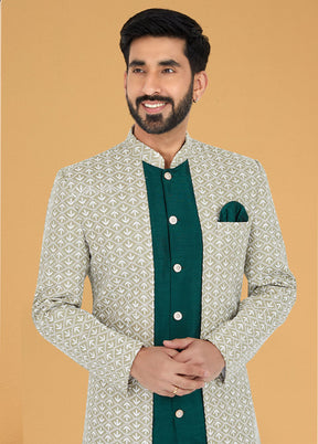 2 Pc Sea Green Dupion Silk Kurta And Pajama Set - Indian Silk House Agencies