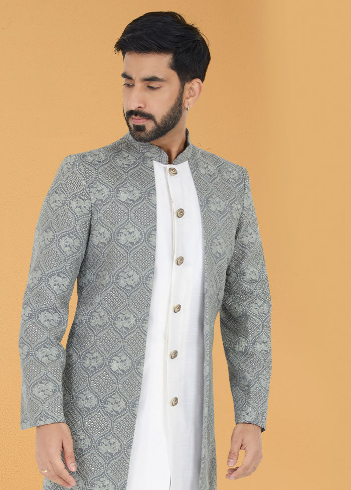 2 Pc Grey Georgette Kurta And Pajama Set - Indian Silk House Agencies
