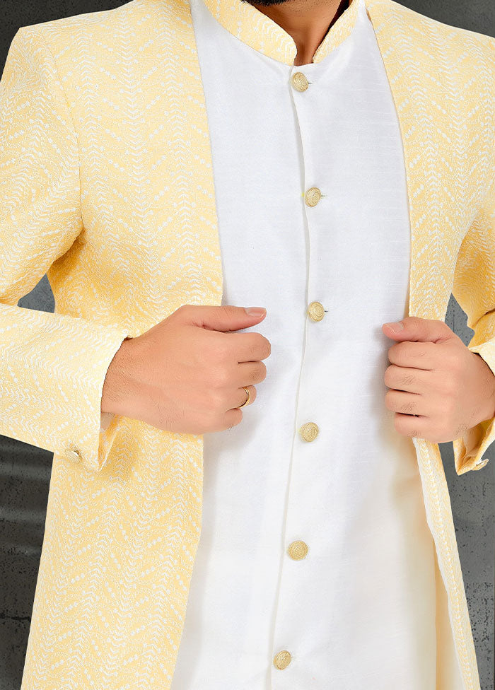 2 Pc Yellow Dupion Silk Kurta And Pajama Set - Indian Silk House Agencies