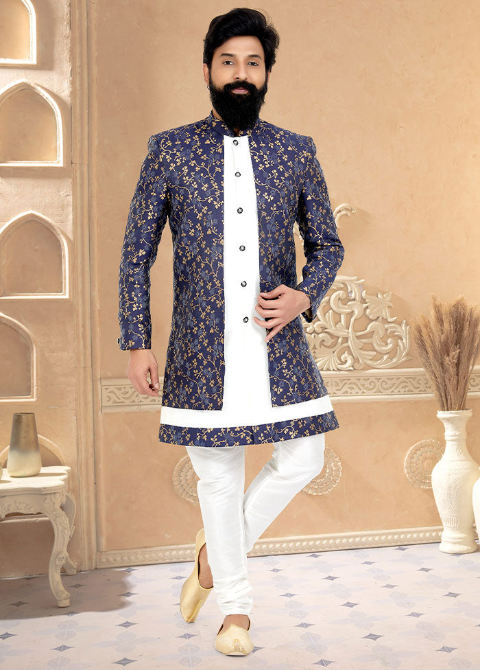 2 Pc Blue Dupion Silk Kurta And Pajama Set - Indian Silk House Agencies
