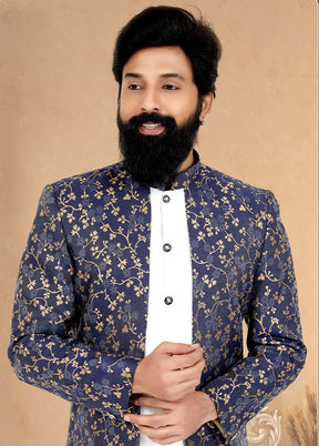 2 Pc Blue Dupion Silk Kurta And Pajama Set - Indian Silk House Agencies